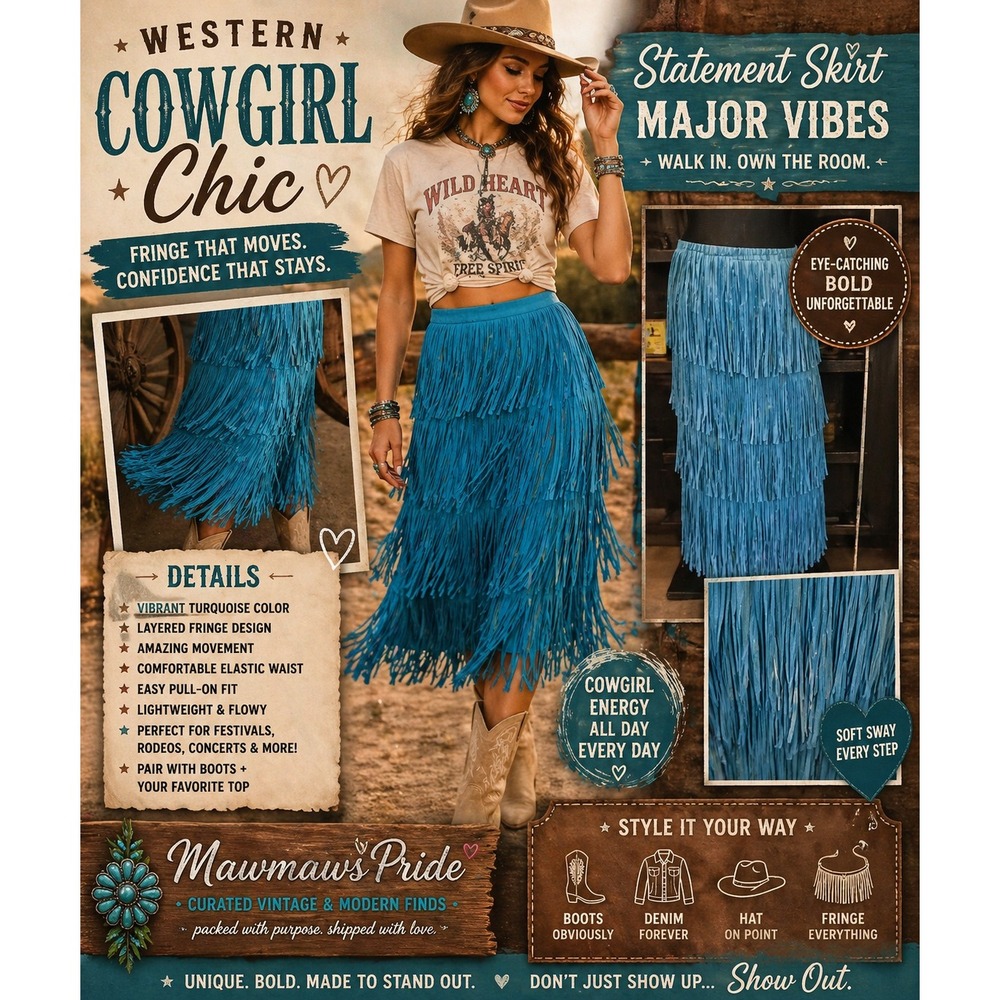 Western Turquoise Layered Fringe Midi Skirt Boho Cowgirl Festival Elastic S M L